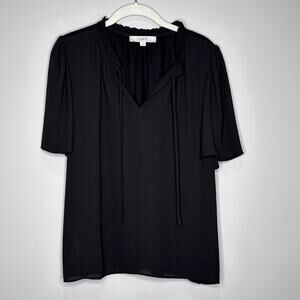 Ann Taylor LOFT Ruffle Tie Neck Mixed Media Top, Black, Size Small